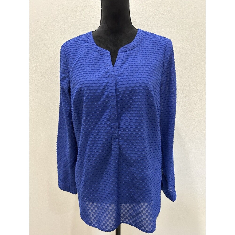 Talbots  Women Sz M Top Blue Sheer  Lined Button Embroidered Long Sleeve